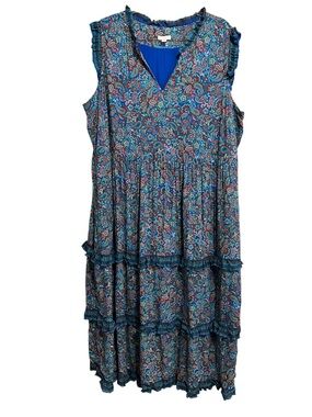 J Jill Sleeveless Coastal Ruffles Blue Paisley Tiered Maxi Dress Lined Size 2X